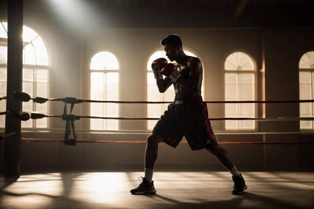 Boxer shadowboxing alone in a sunlit ring inside an old gym