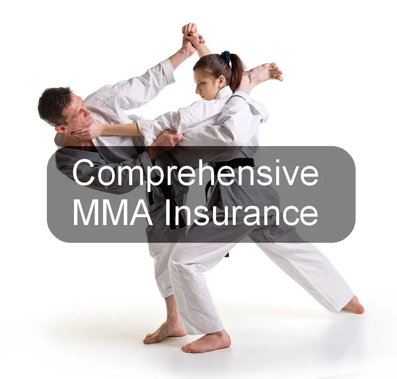 Two karate practitioners sparring, overlaid with the words Comprehensive MMA Insurance