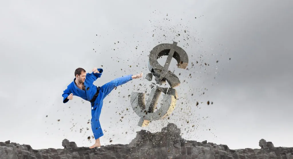 Man in a blue judo gi kicking a stone dollar sign to pieces