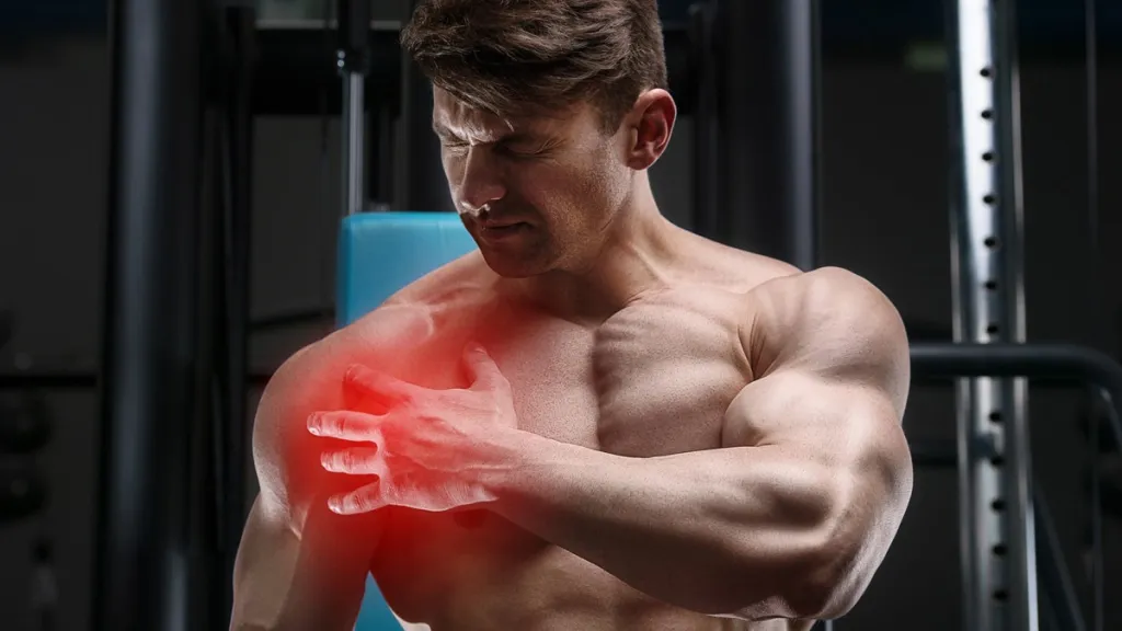 Shirtless man in a gym gripping a painful shoulder highlighted in red