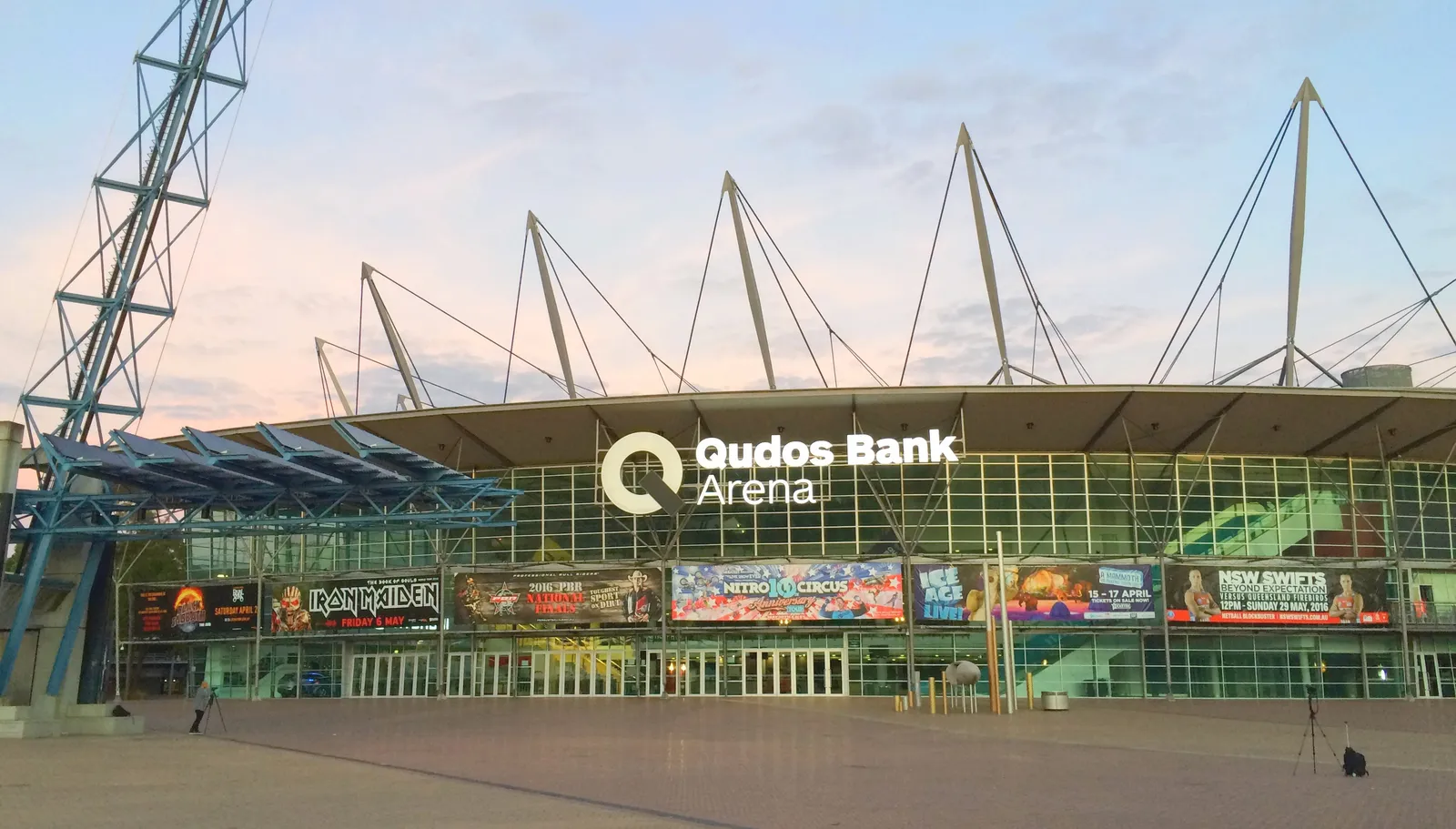 Exterior of Qudos Bank Arena in Sydney at dusk