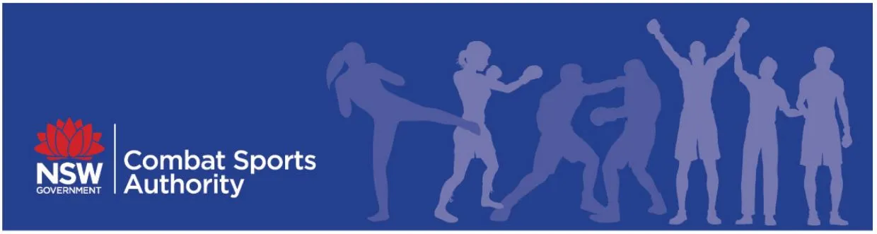 NSW Government Combat Sports Authority banner with silhouettes of fighters