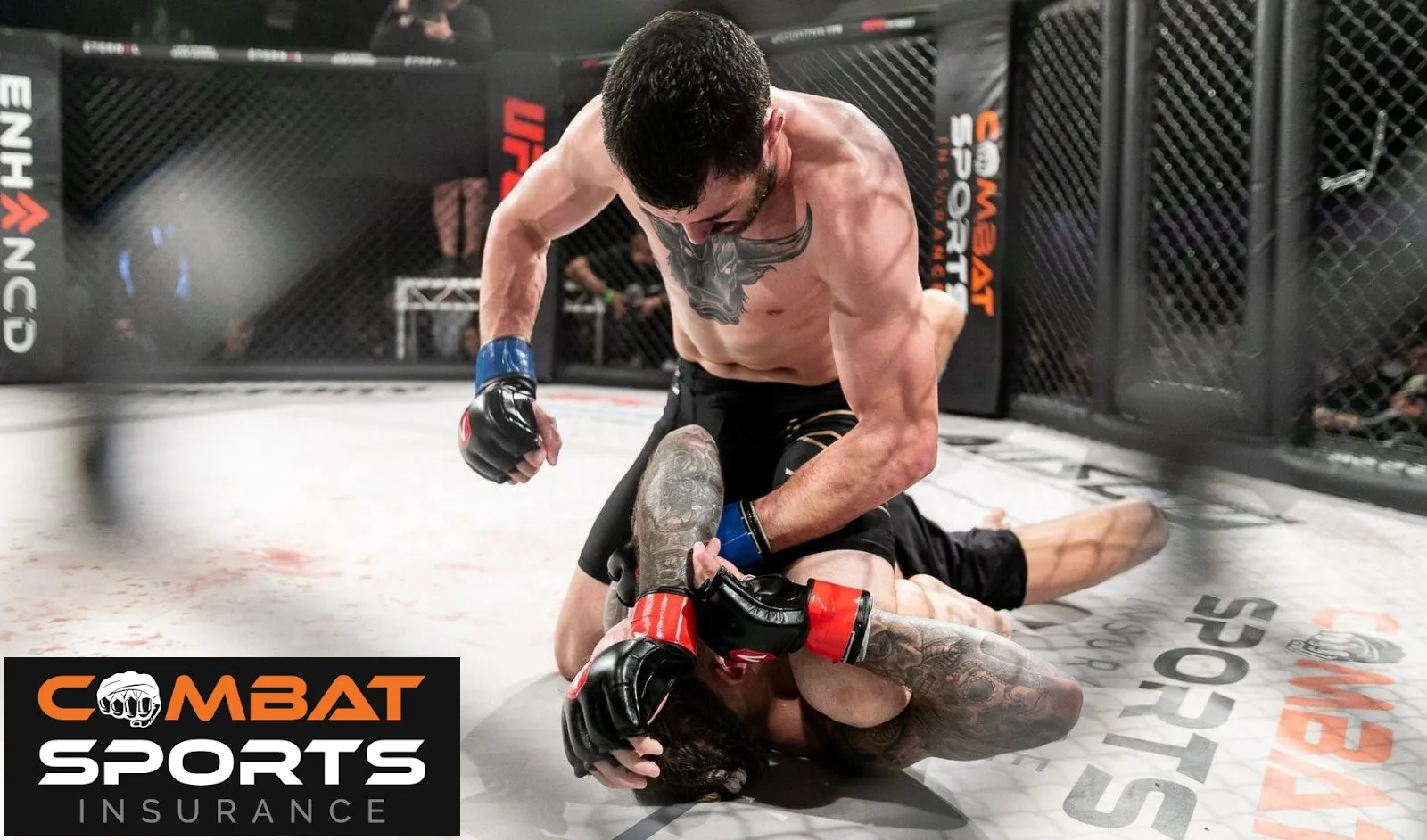 MMA fighter in top position throwing punches at a downed opponent, with the Combat Sports Insurance logo