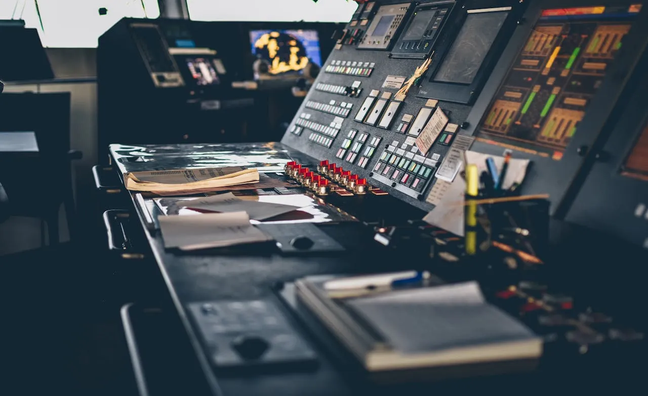 Control desk covered in switches, screens and paperwork
