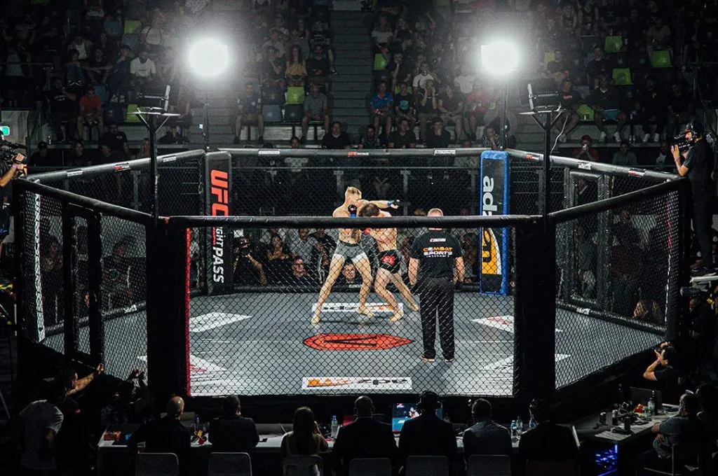 MMA cage in a packed arena with two fighters grappling and the referee close by