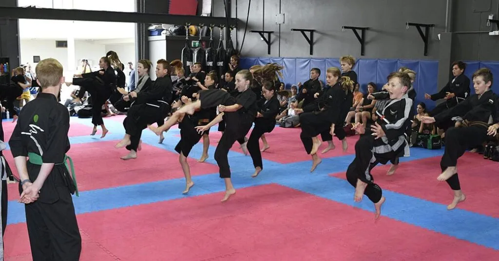 Large group of children and adults in black uniforms practising kicks in a martial arts hall