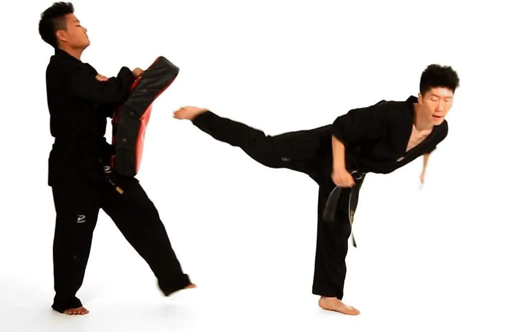 Taekwondo student in a black uniform landing a back kick on a kicking shield held by a partner