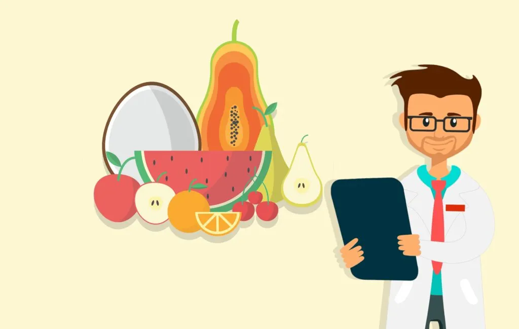 Cartoon of a dietitian holding a clipboard beside a bowl of fruit