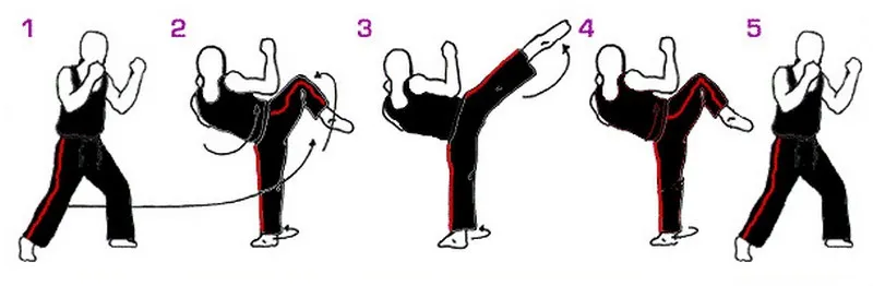 Five-step diagram showing how to perform a taekwondo roundhouse kick