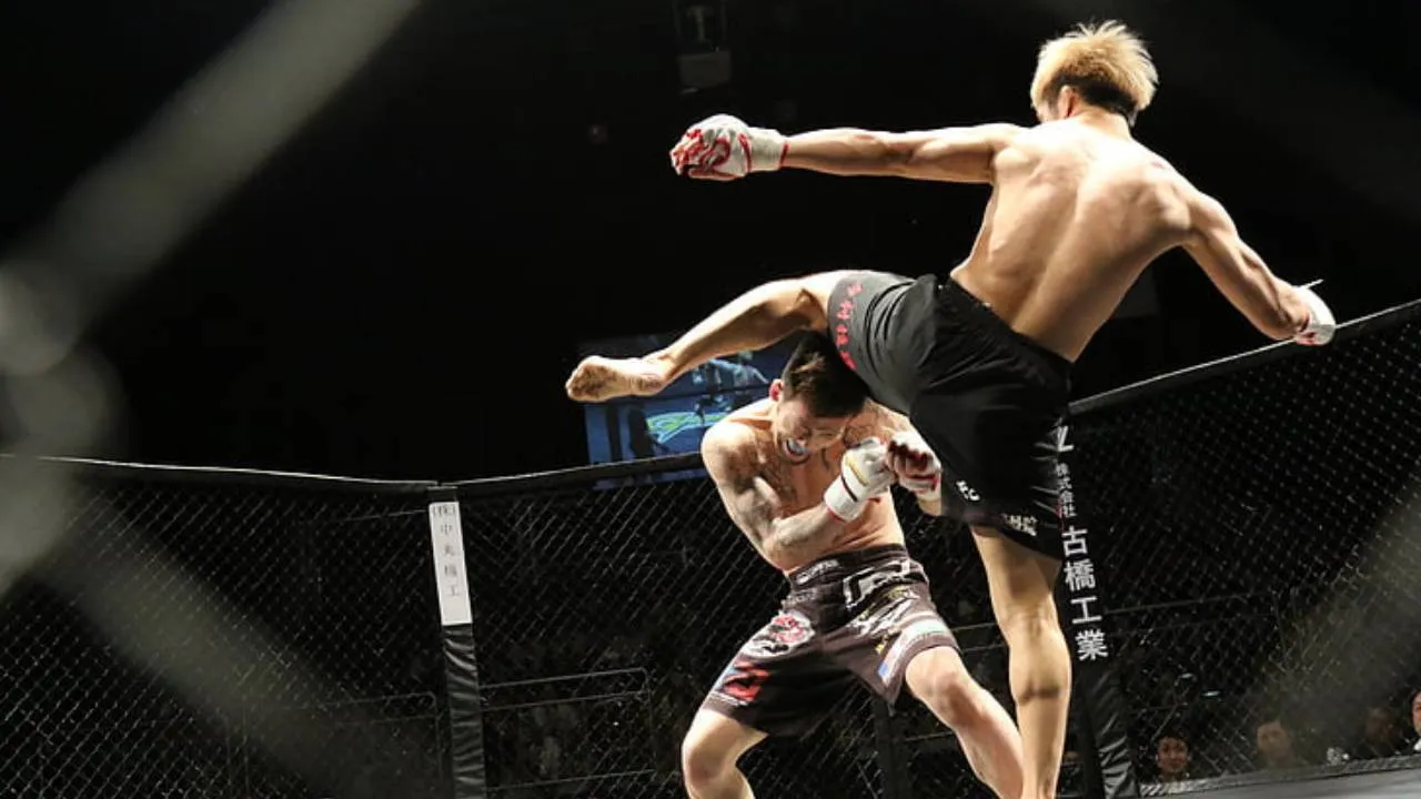 MMA fighter landing a spinning kick to an opponent's head inside the cage