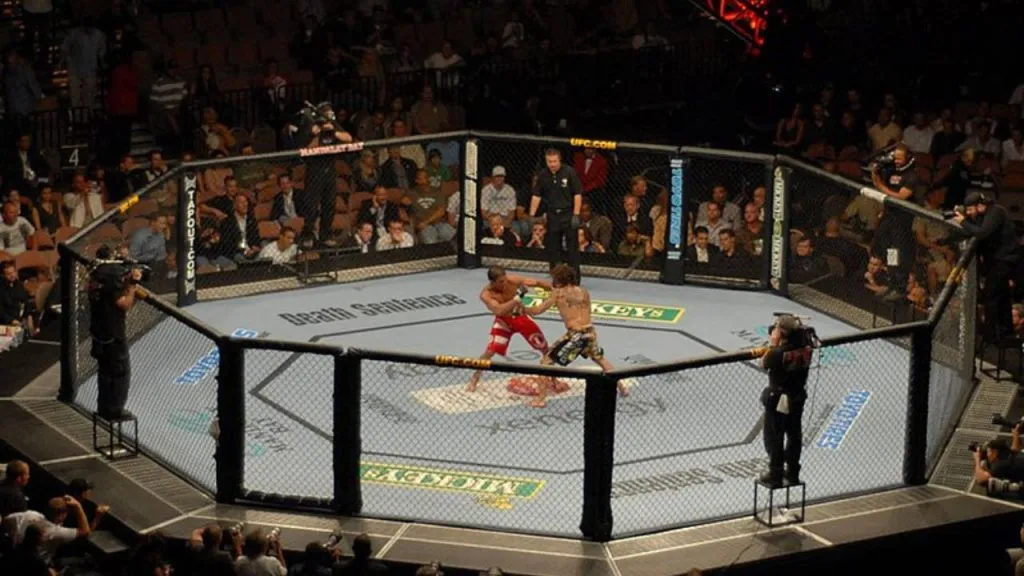 MMA cage in an arena with two fighters in action and officials at cage-side