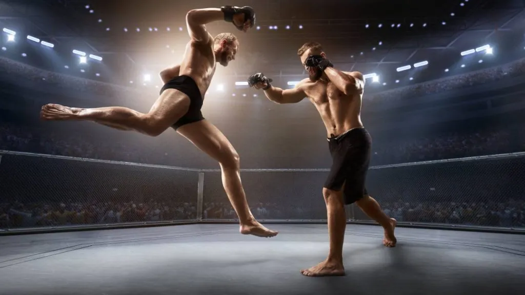 Two MMA fighters trading kicks in an arena cage under stadium lights