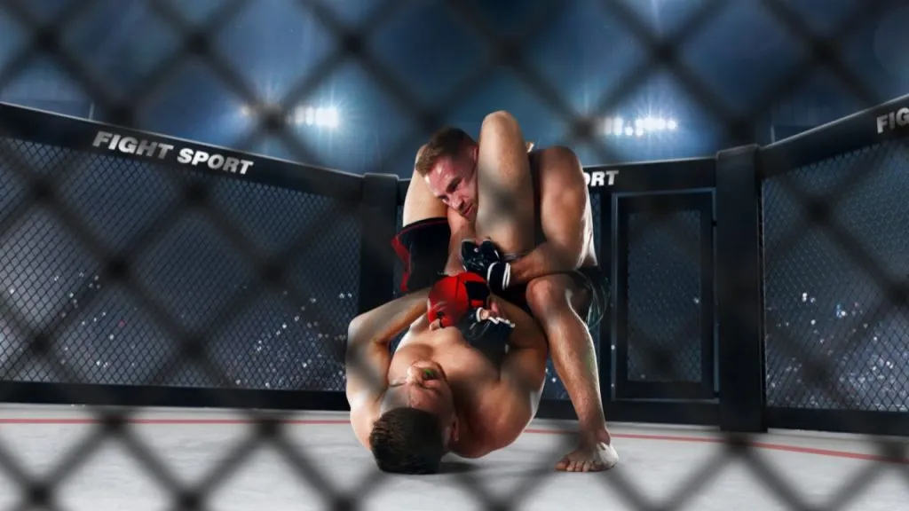 MMA fighter working for a submission on an opponent in the cage, viewed through the fence