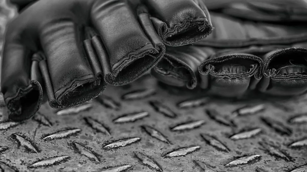 Close-up of black MMA gloves resting on a metal plate