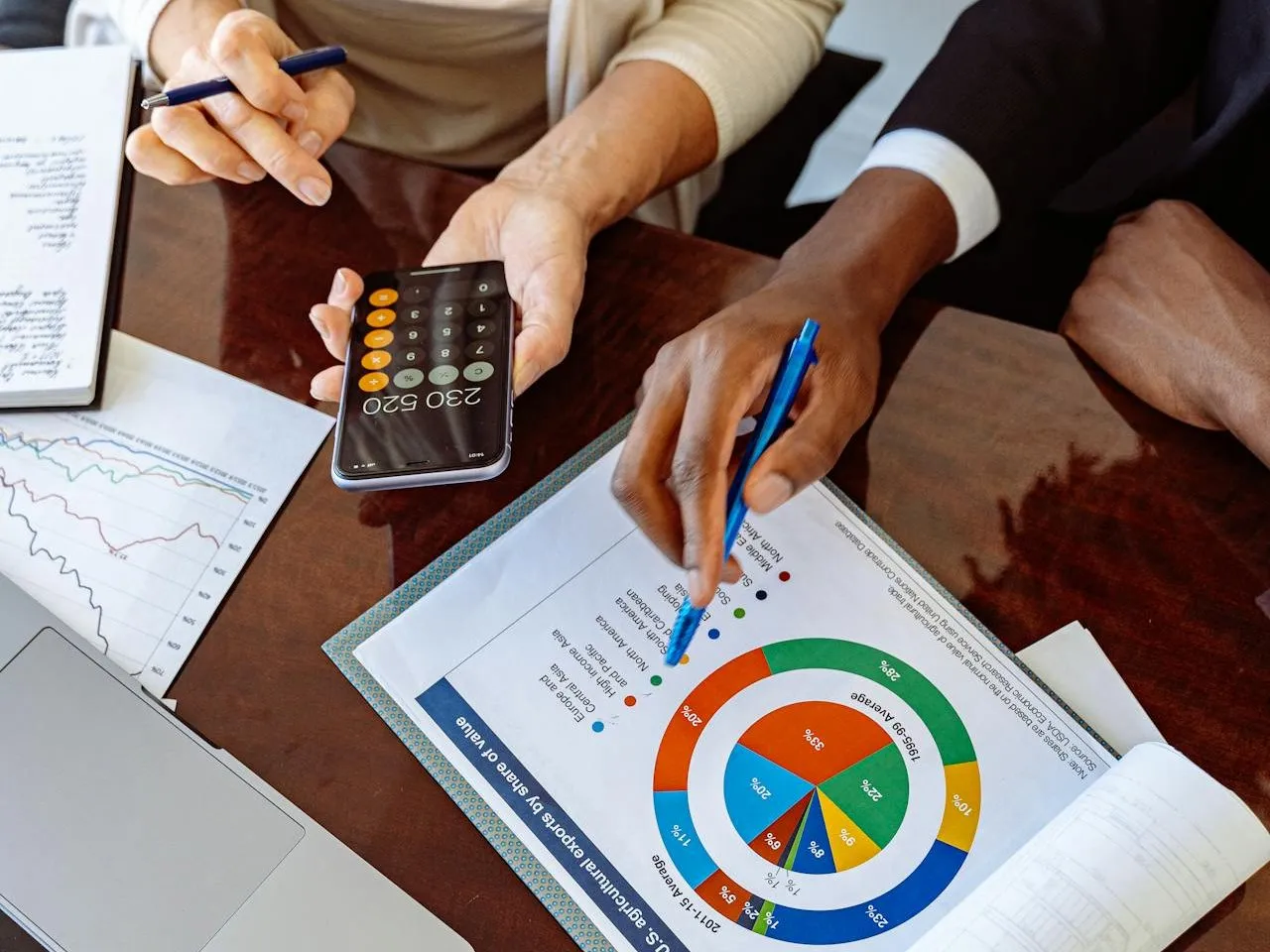 Two people reviewing colourful charts and a phone calculator at a desk