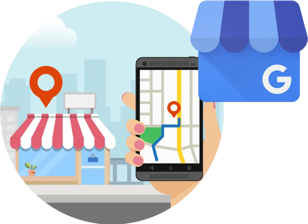Illustration of a shopfront, map pin and phone map beside the Google Business Profile logo