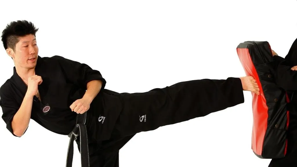 Taekwondo instructor in a black uniform landing a side kick on a red kicking shield