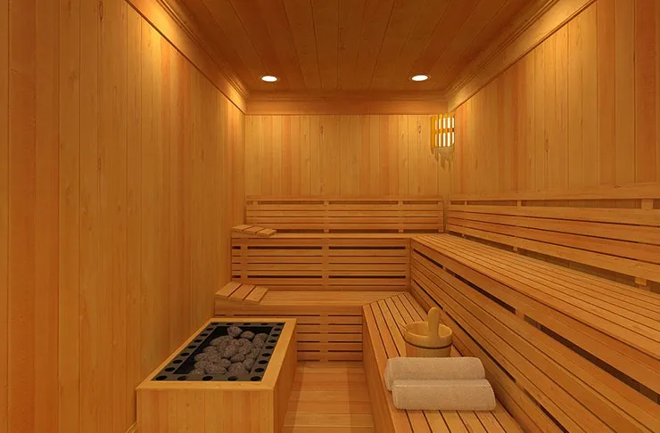 Empty wooden sauna with tiered benches and a heater full of stones
