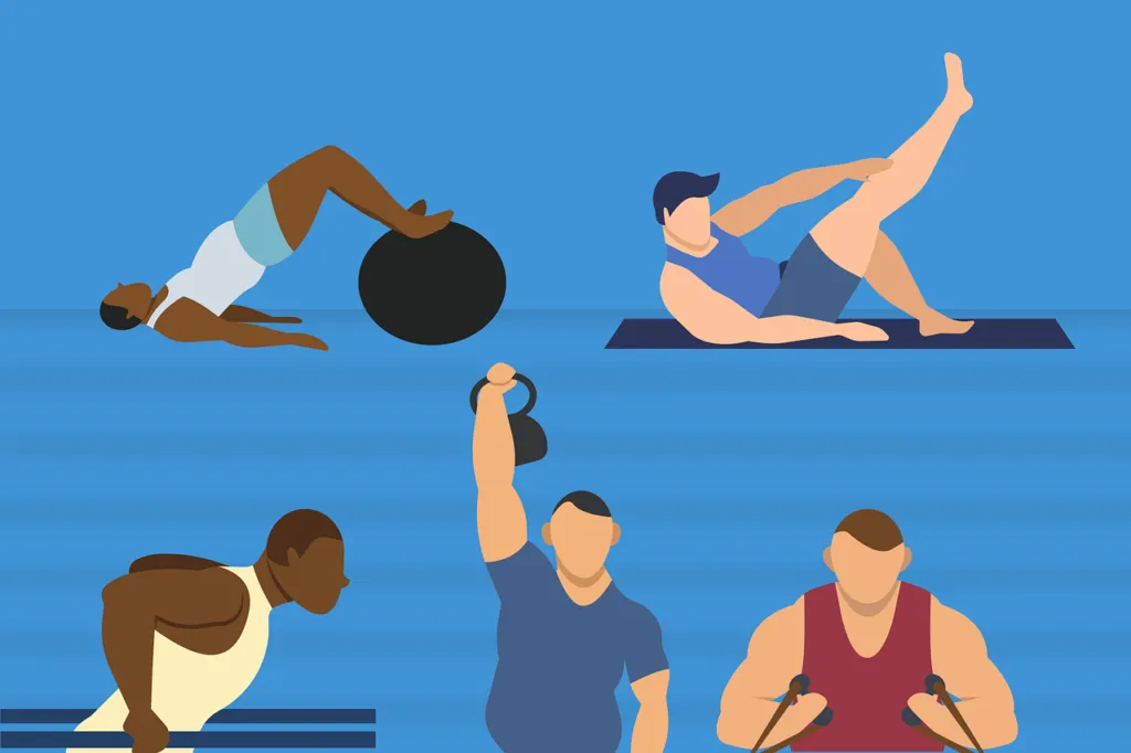 Illustration of five people exercising with a fitness ball, kettlebell and push-ups