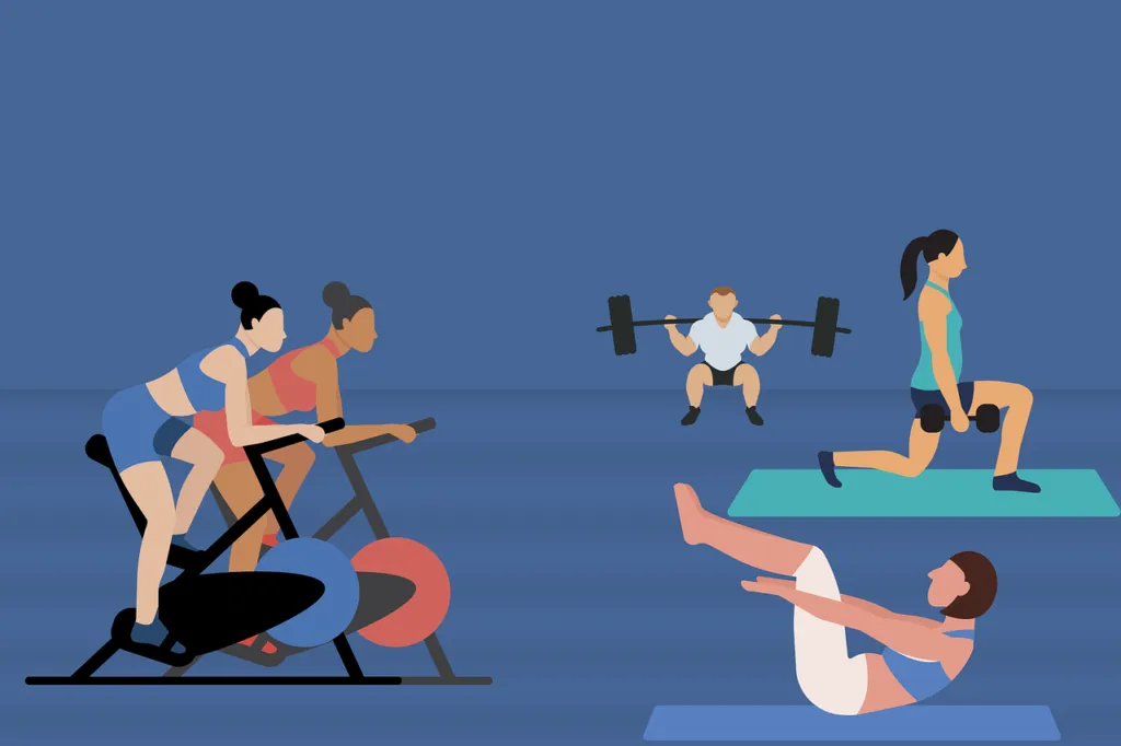 Illustration of people cycling, lifting weights, lunging and doing sit-ups in a gym