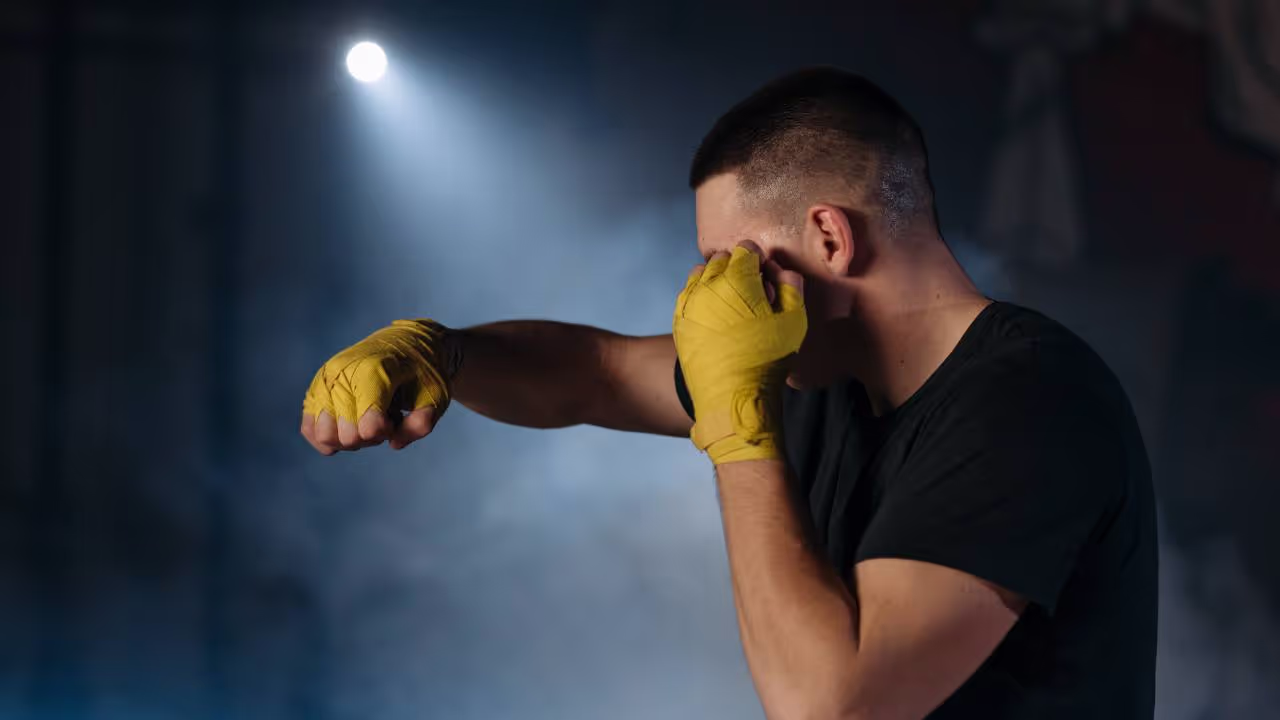 A boxer training with wrapped hands